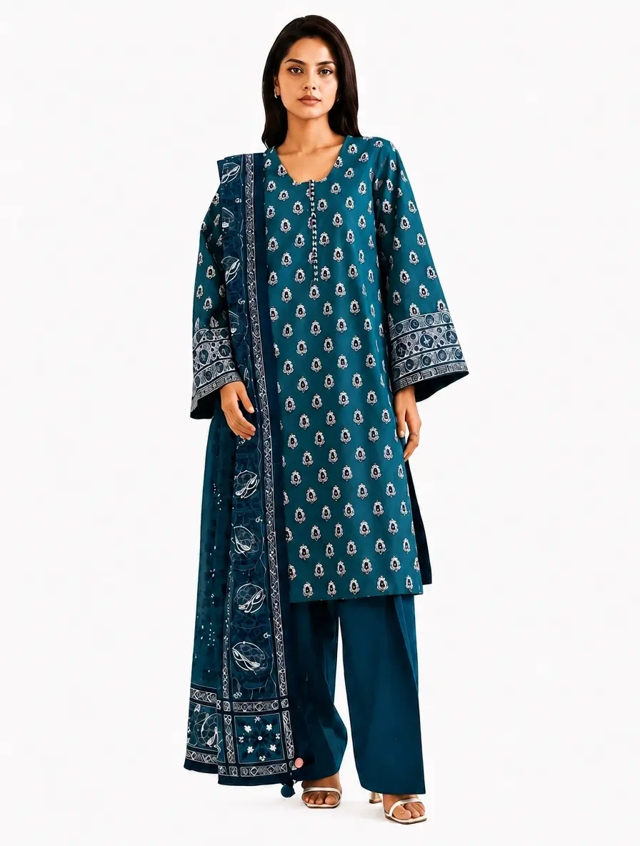 3-Piece Sapphire Printed Lawn Suit Deep Teal - Image 3