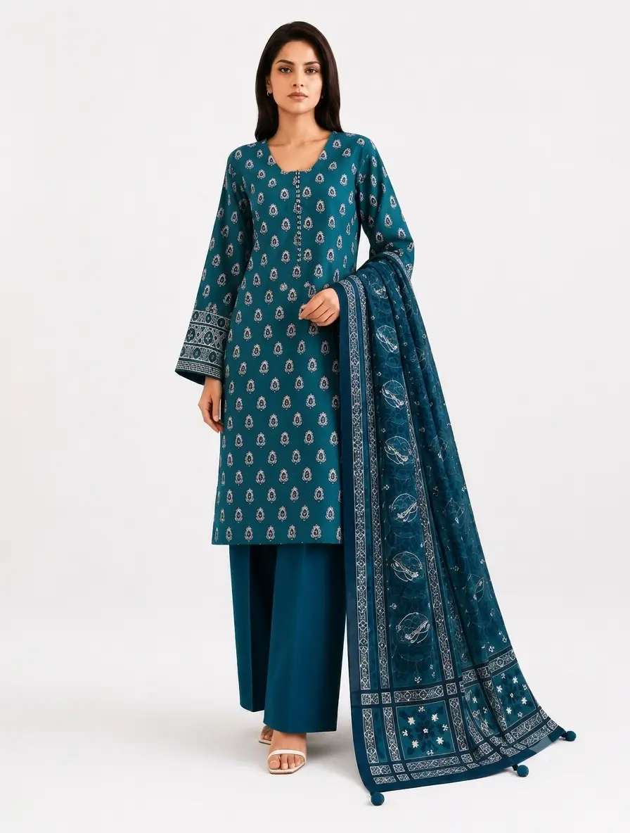 3-Piece Sapphire Printed Lawn Suit Deep Teal