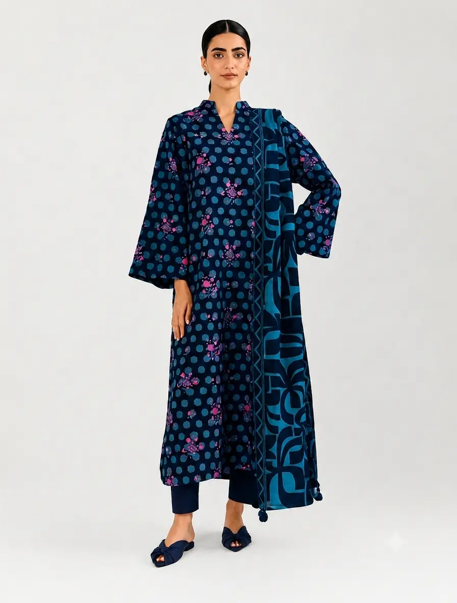 3-Piece Sapphire Printed Lawn Suit Teal Blue