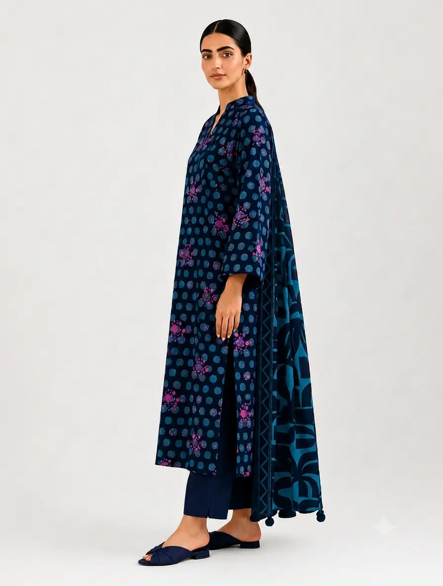 3-Piece Sapphire Printed Lawn Suit Teal Blue - Image 2