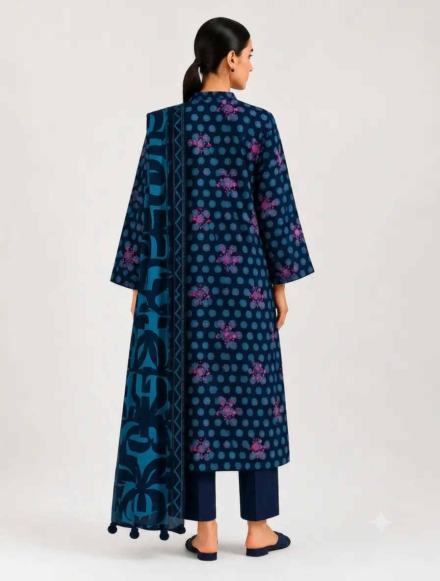 3-Piece Sapphire Printed Lawn Suit Teal Blue - Image 3