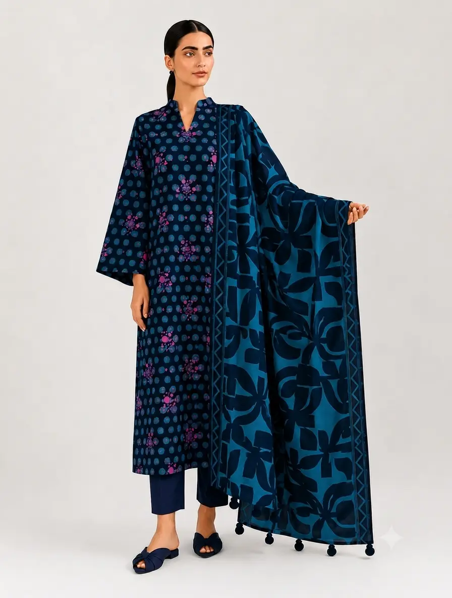 3-Piece Sapphire Printed Lawn Suit Teal Blue - Image 4