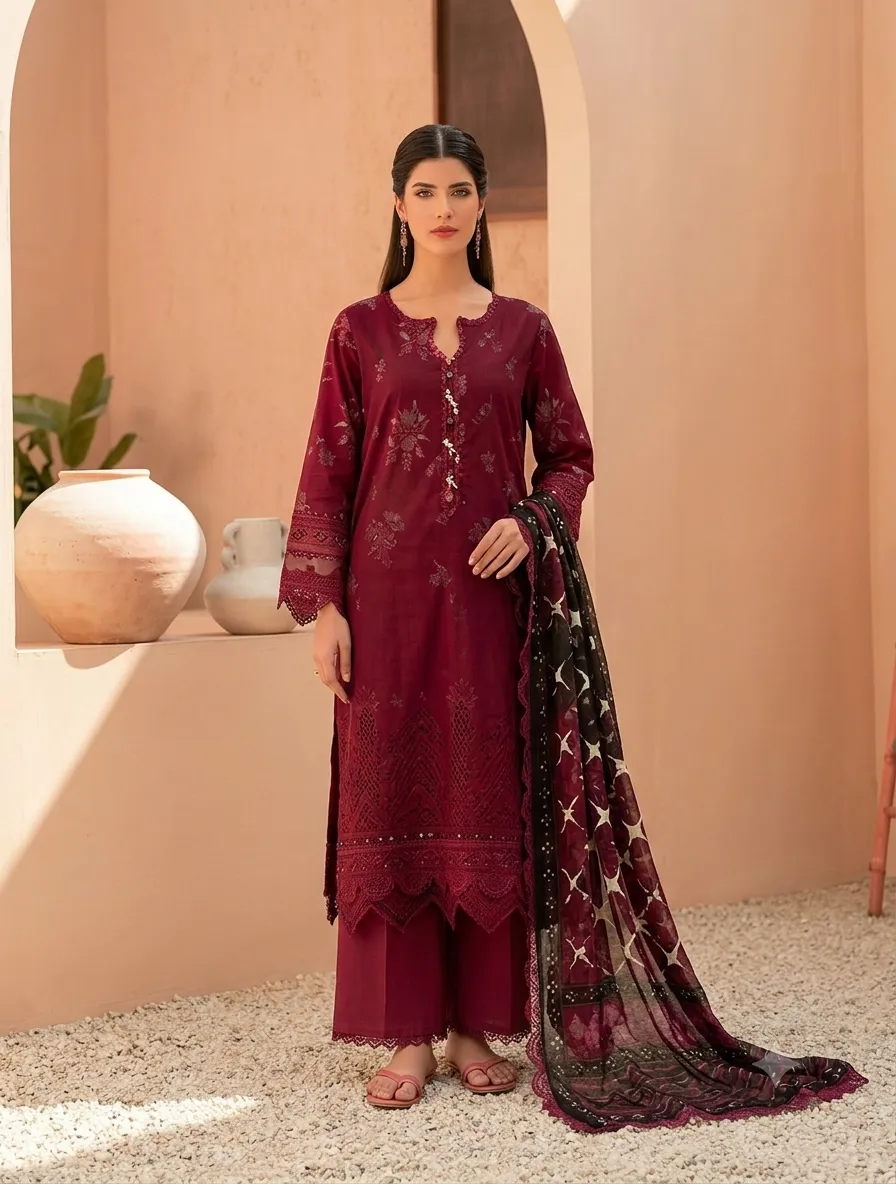 3-Piece Mausummery Embroidered Lawn Suit Garnet