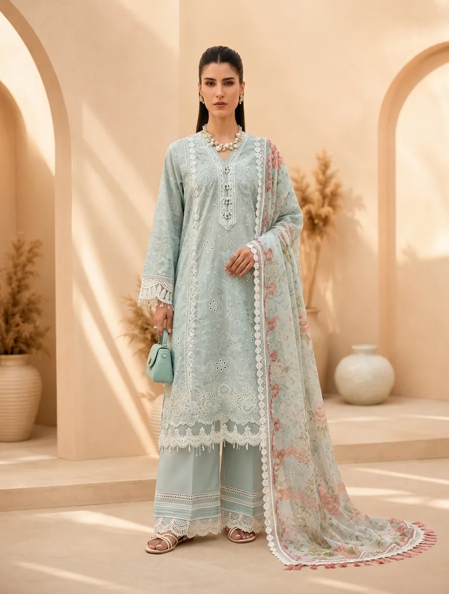 3-Piece Mausummery Embroidered Lawn Suit Iris