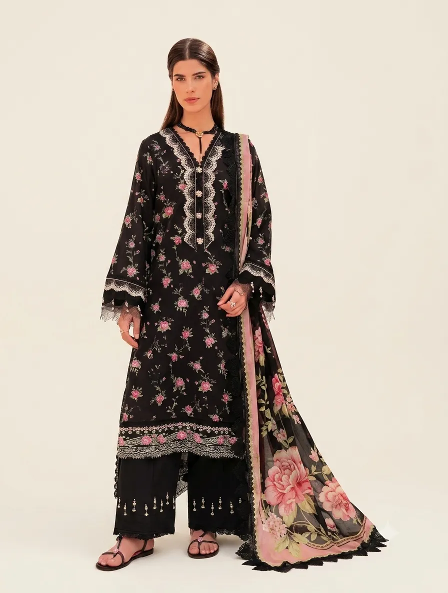3-Piece Mausummery Embroidered Lawn Suit Onyx