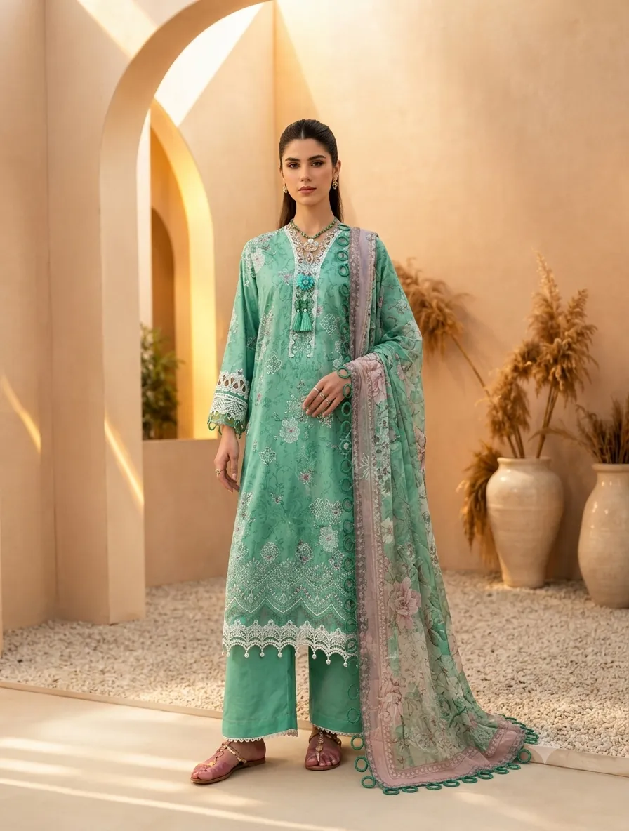 3-Piece Mausummery Embroidered Lawn Suit Jade - Image 2