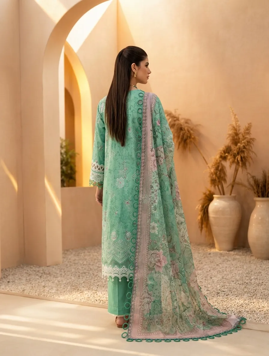 3-Piece Mausummery Embroidered Lawn Suit Jade - Image 3