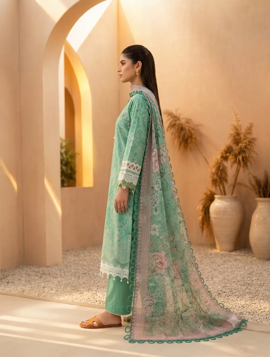 3-Piece Mausummery Embroidered Lawn Suit Jade - Image 4