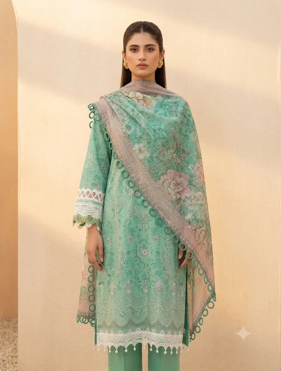 3-Piece Mausummery Embroidered Lawn Suit Jade