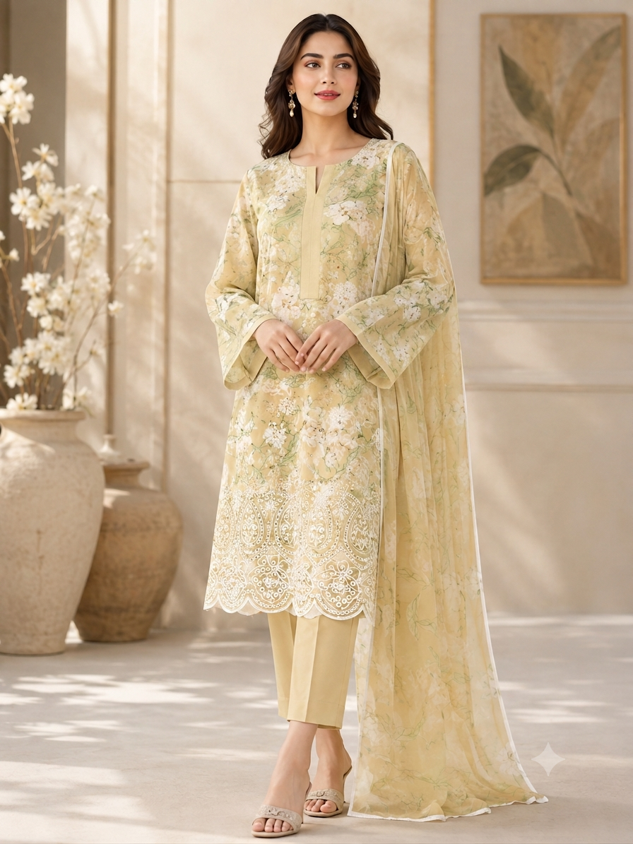 3-Piece Mausummery Embroidered Lawn Suit Lemon Yellow