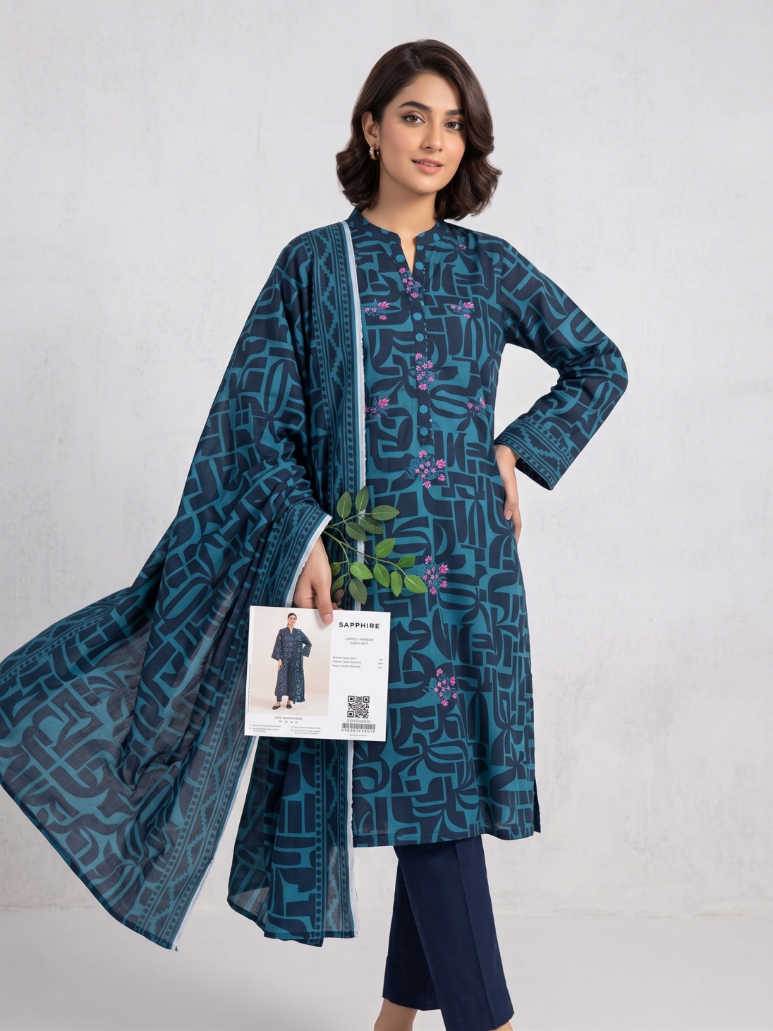 Teal Geometry 3-Piece Printed Lawn Suit