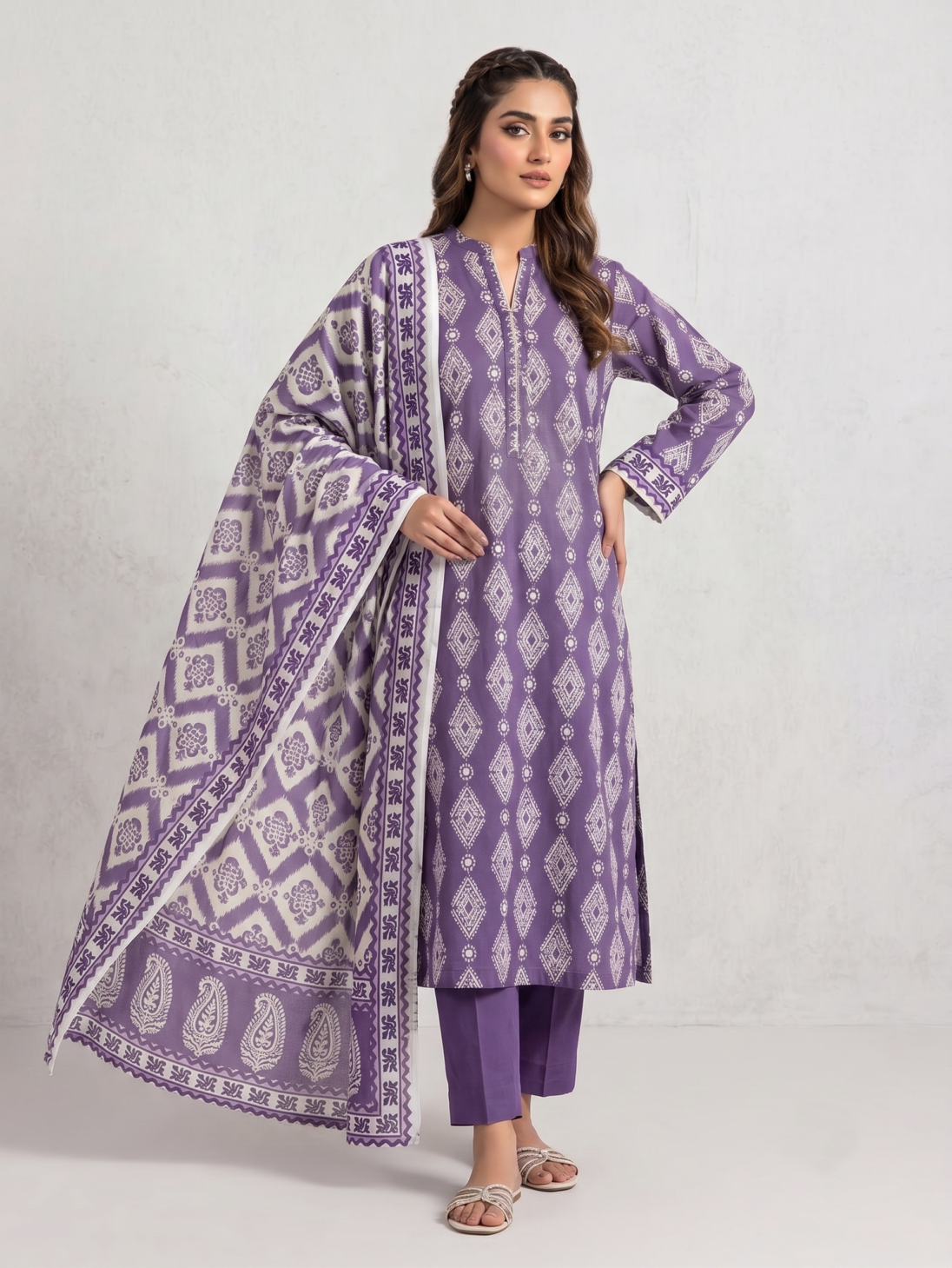 Lilac Ikat 3-Piece Printed Lawn Suit