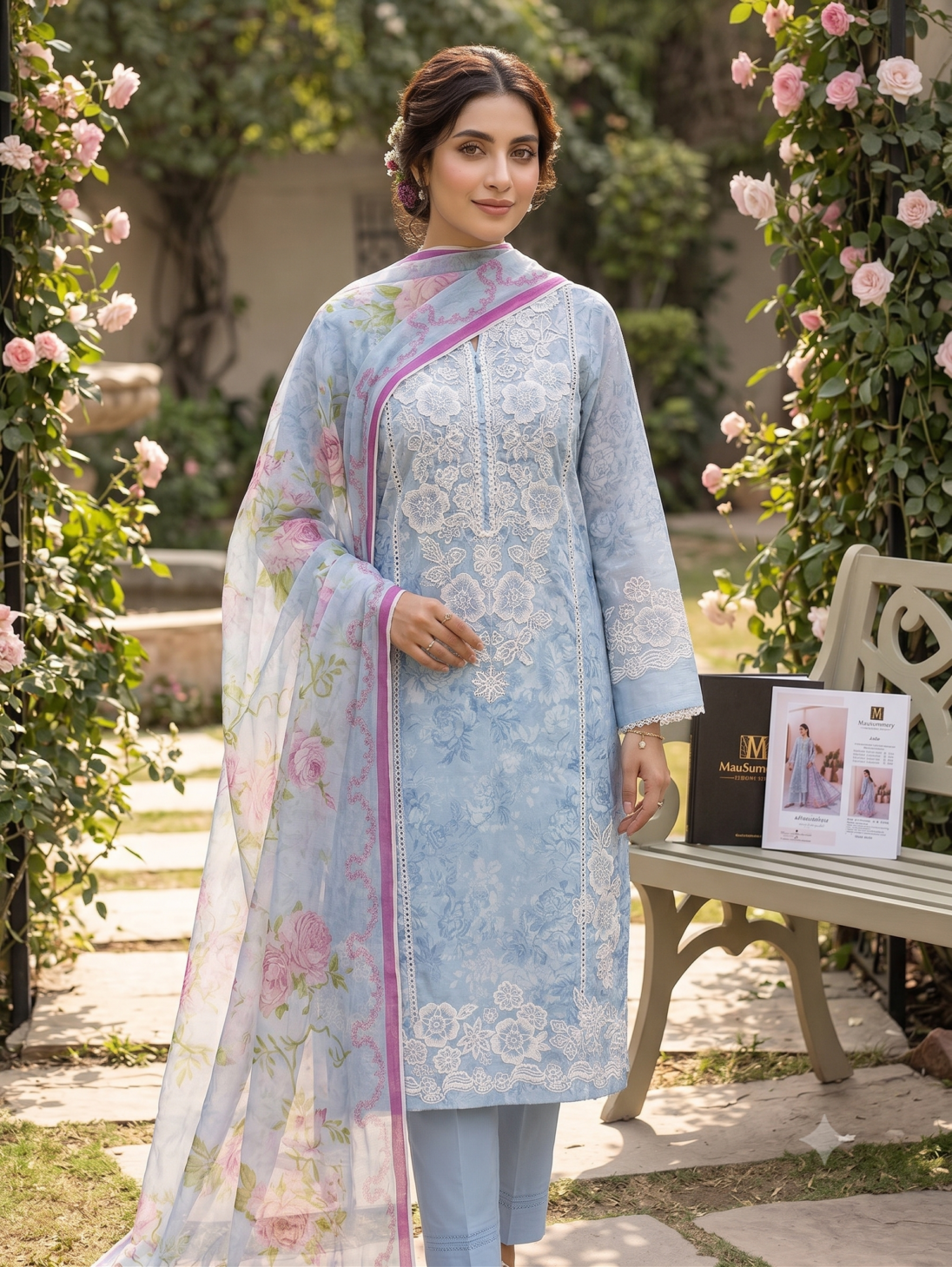 Pastel Blue Floral Embroidered 3-Piece Festive Suite
