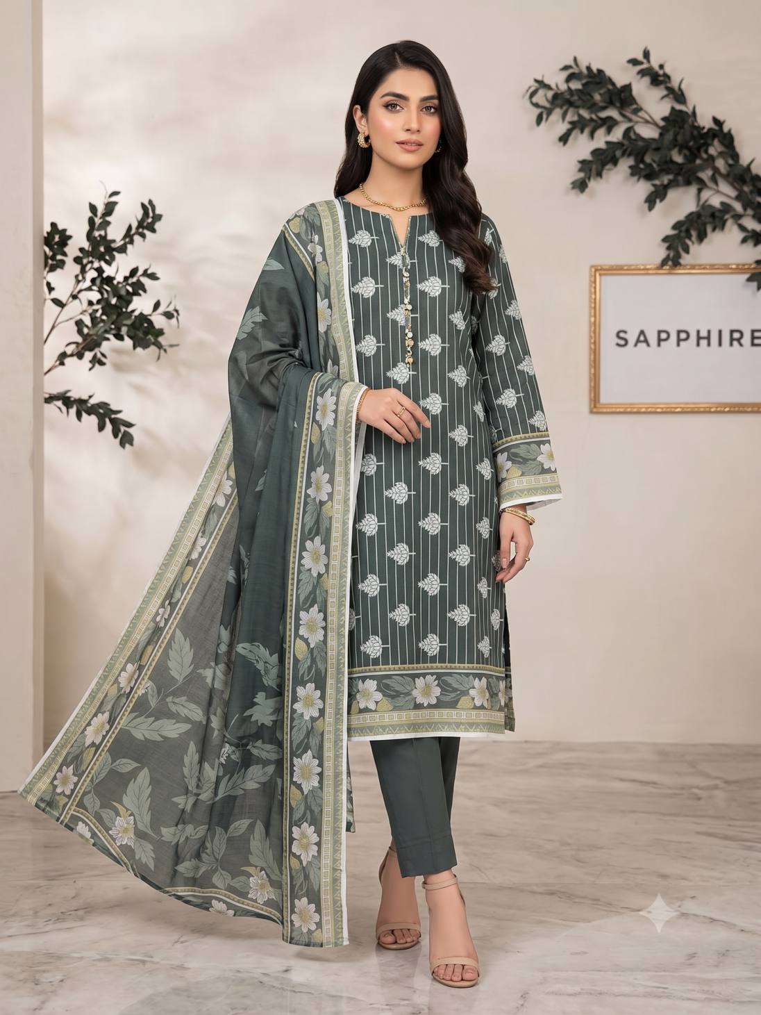 Sapphire Forest Green Printed 3-Piece Lawn Suit