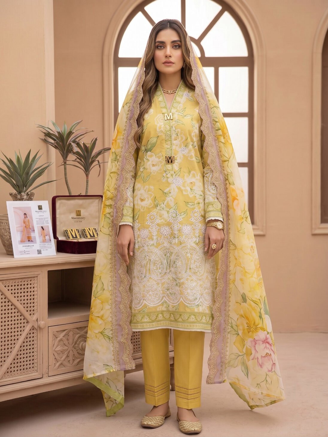 Mausummery Luxury Embroidered Lawns – Citrine Flora (3-Piece)
