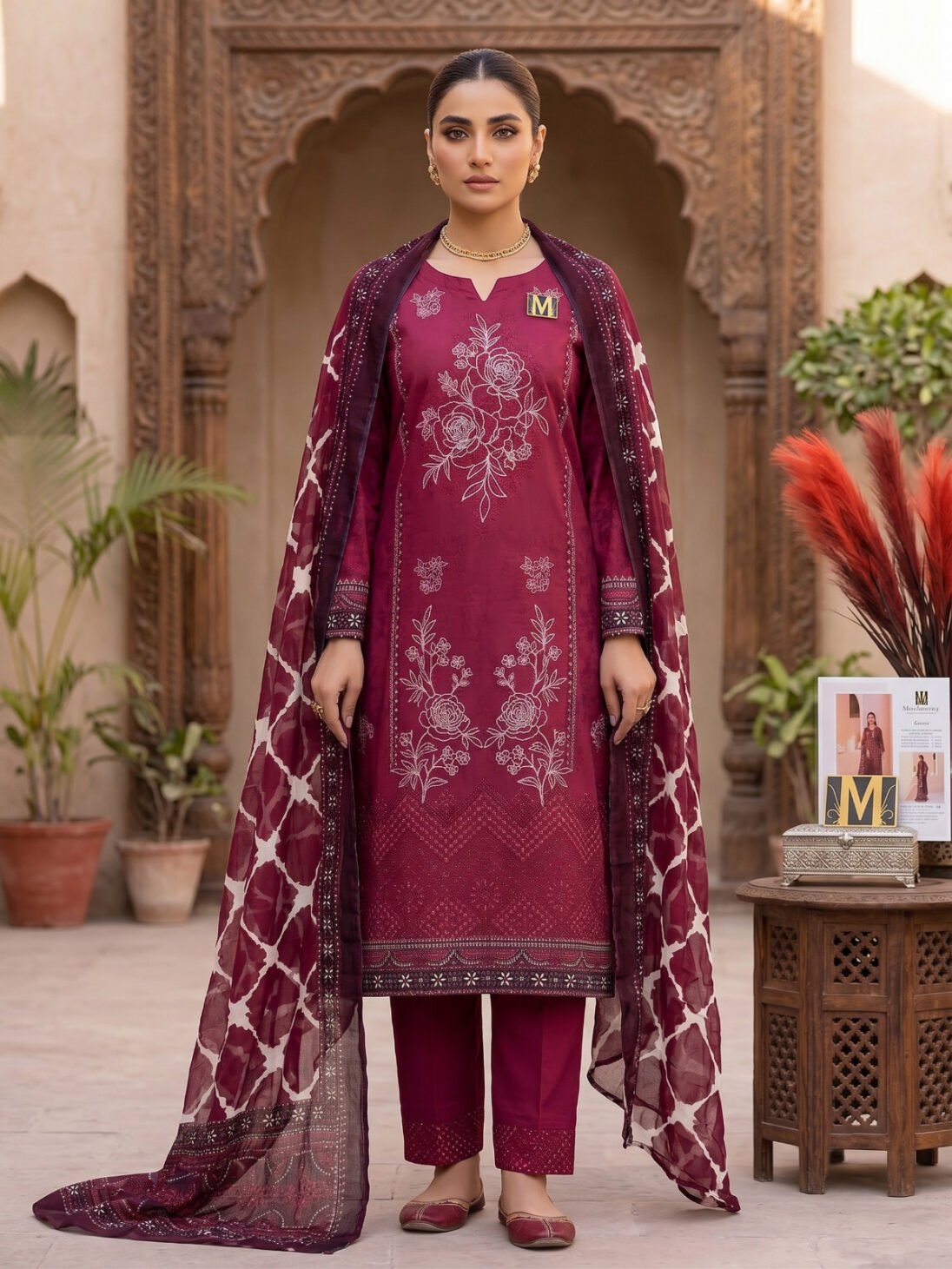 Mausummery Luxury Embroidered Lawns – Garnet Mystique (3-Piece)