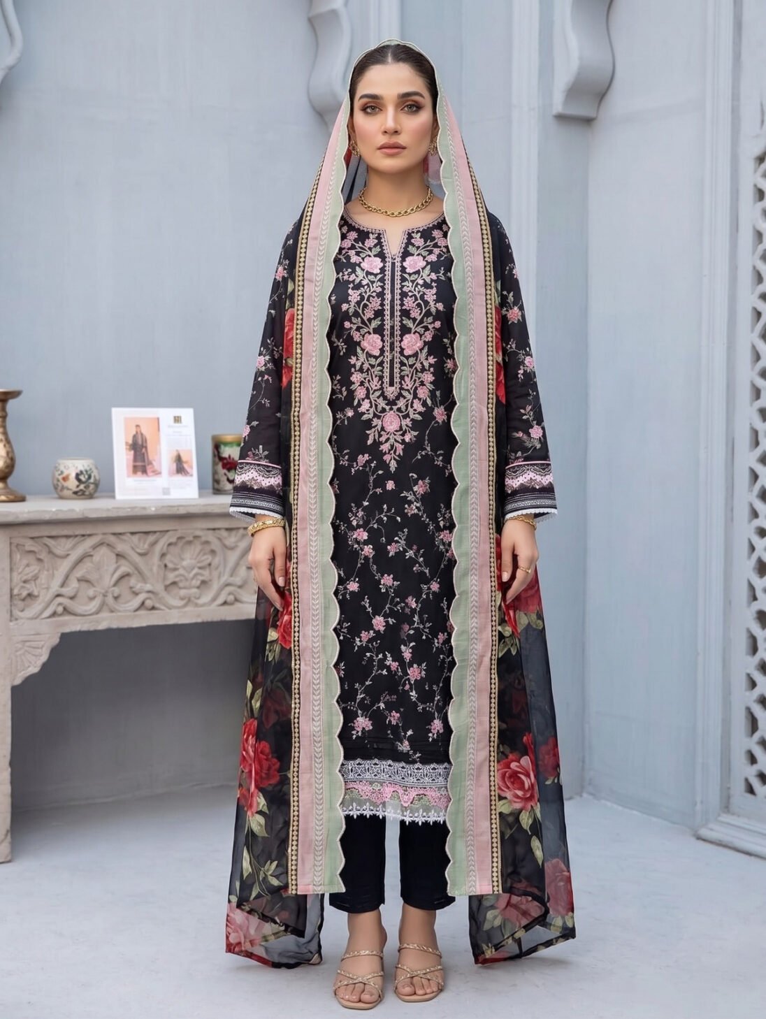 Mausummery Luxury Embroidered Lawns – Onyx Rose (3-Piece)