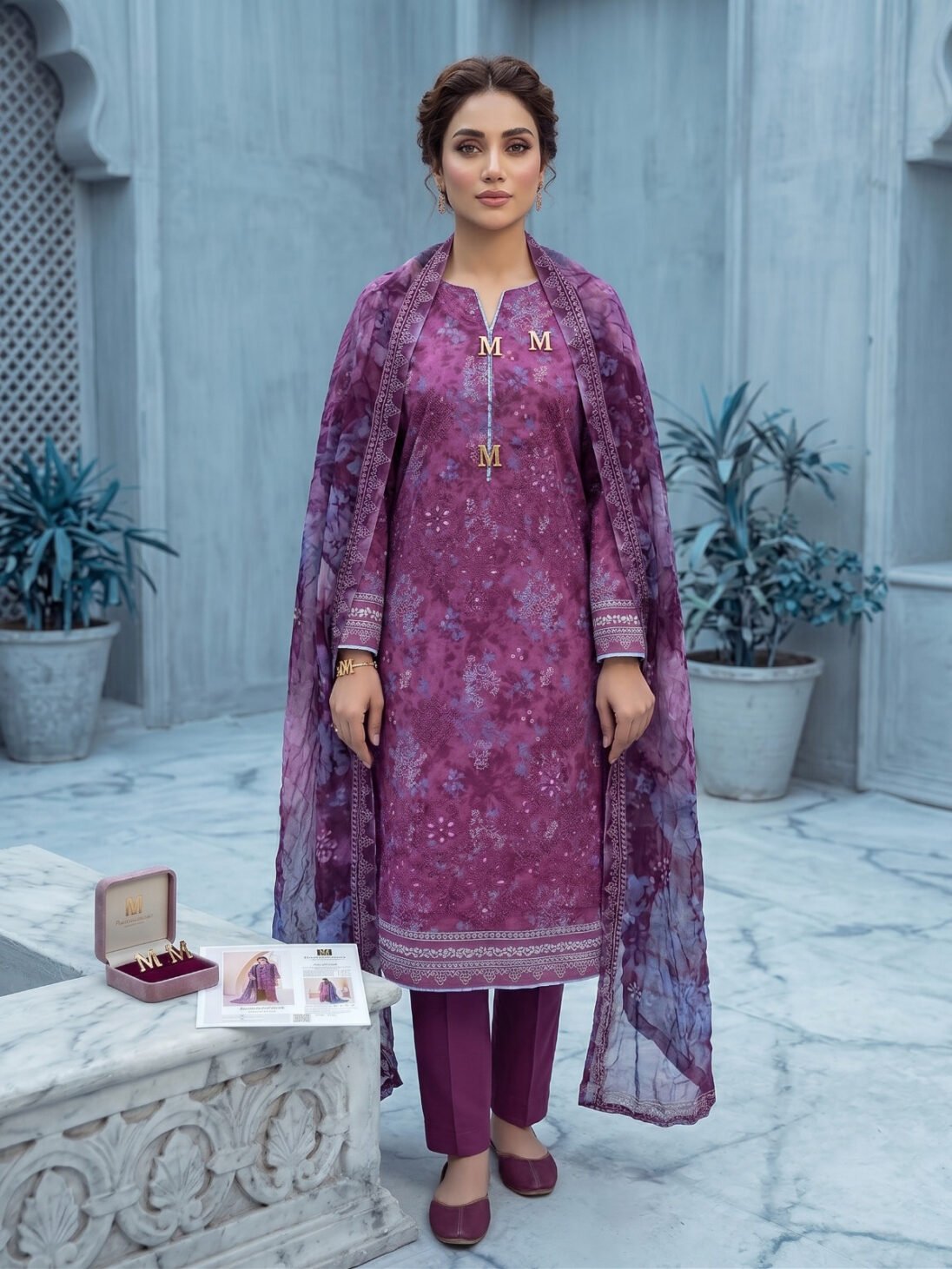Deep Plum 3-Piece Embroidered Floral Suit with Printed Chiffon Dupatta
