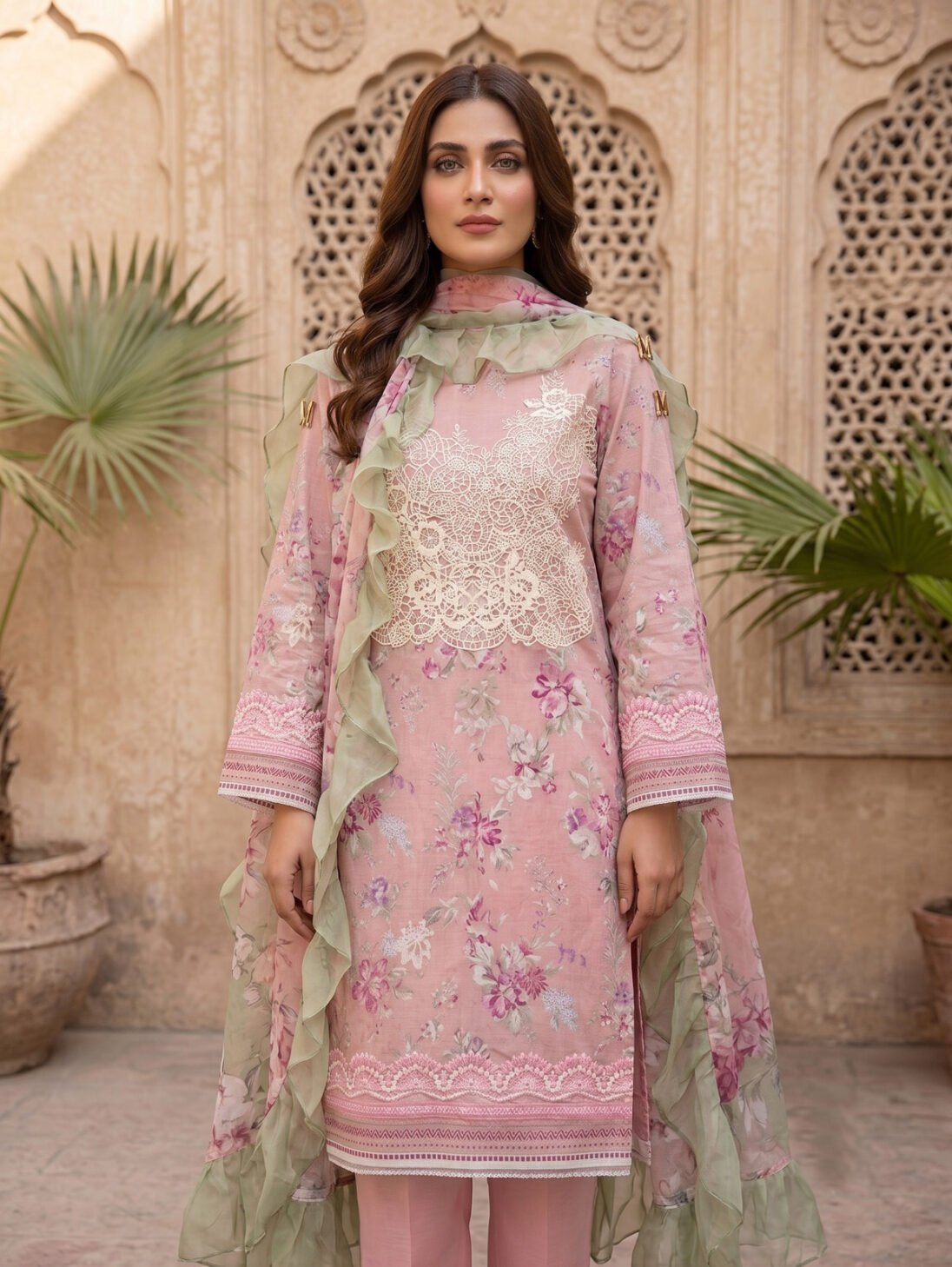 Pastel Pink 3-Piece Embroidered Floral Suit with Organza Border & Frilled Dupatta