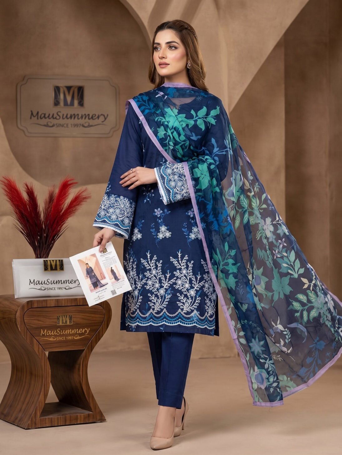 Deep Navy & Teal Floral Embroidered 3-Piece Luxury Suit