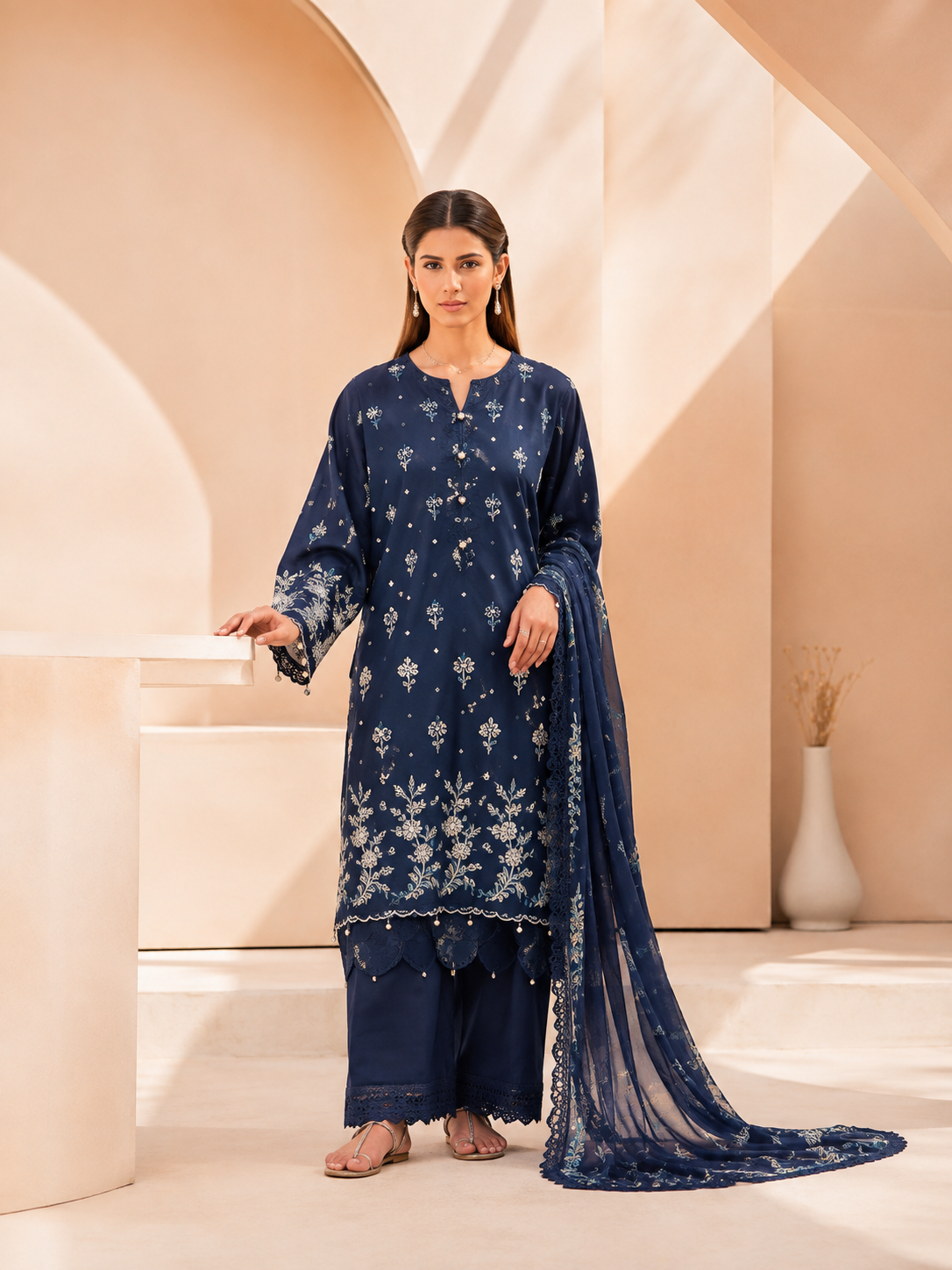 3-Piece Mausummery Embroidered Lawn Navy Blue
