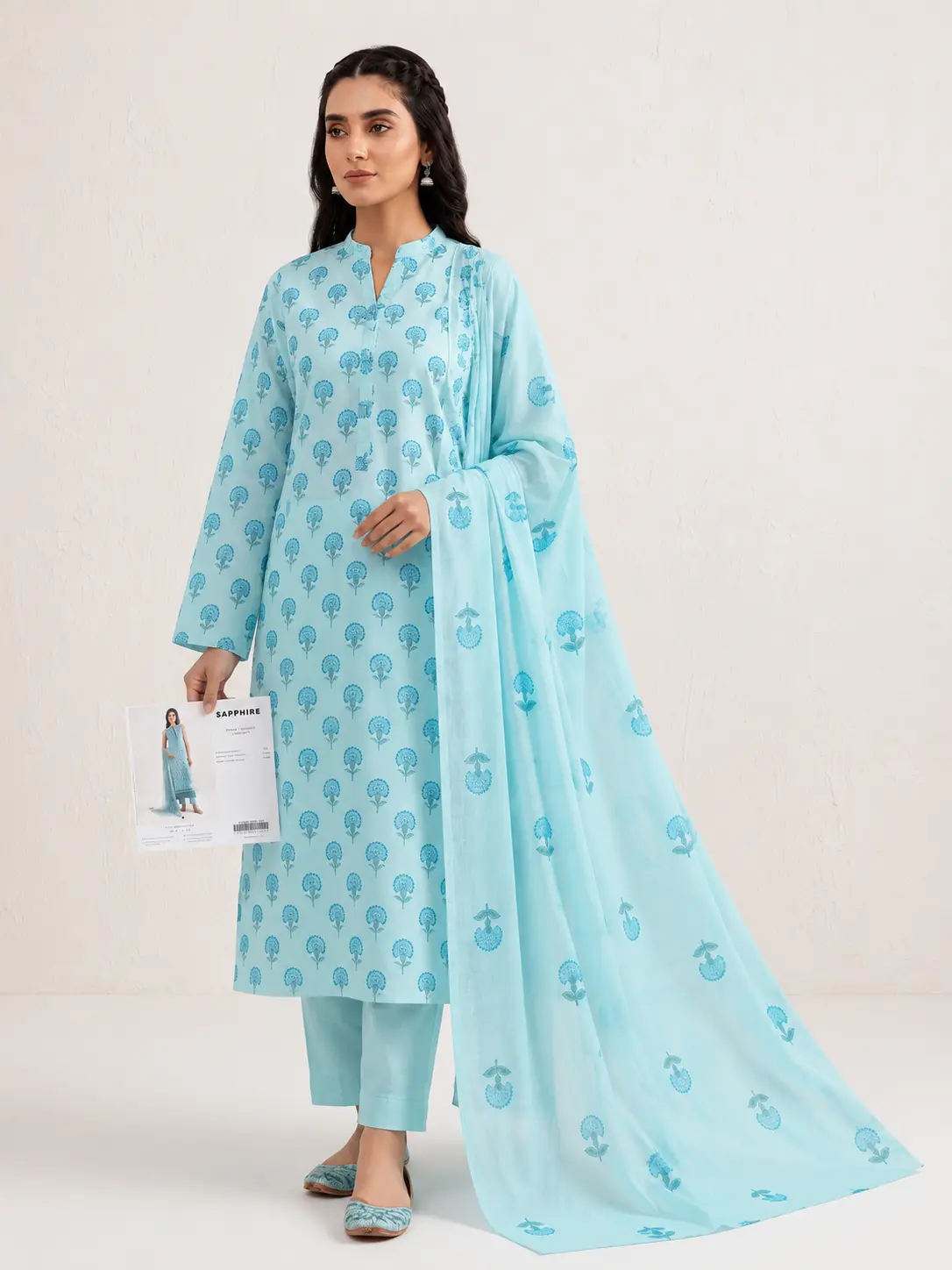 3-Piece Sapphire Printed Lawn Suit Light Turquoise