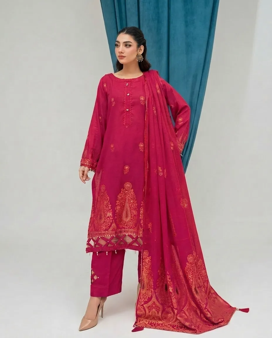 3-Piece Lamisha Cambric Jacquard Suit Shocking Pink