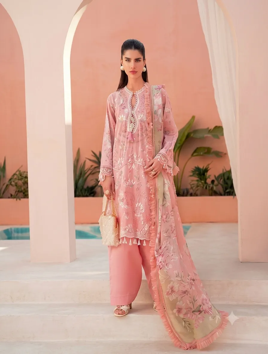 3-Piece Mausummery Embroidered Lawn Suit Peony