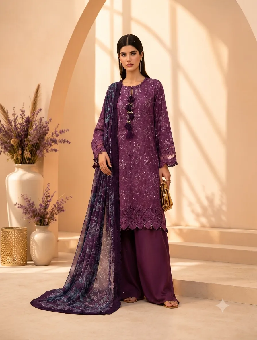 3-Piece Mausummery Embroidered Lawn Suit Amethyst