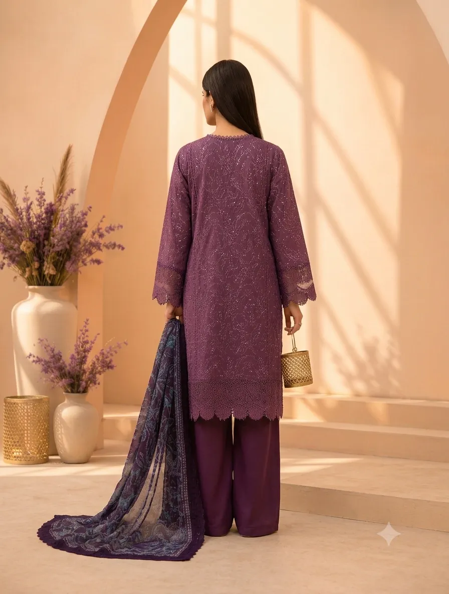 3-Piece Mausummery Embroidered Lawn Suit Amethyst - Image 2