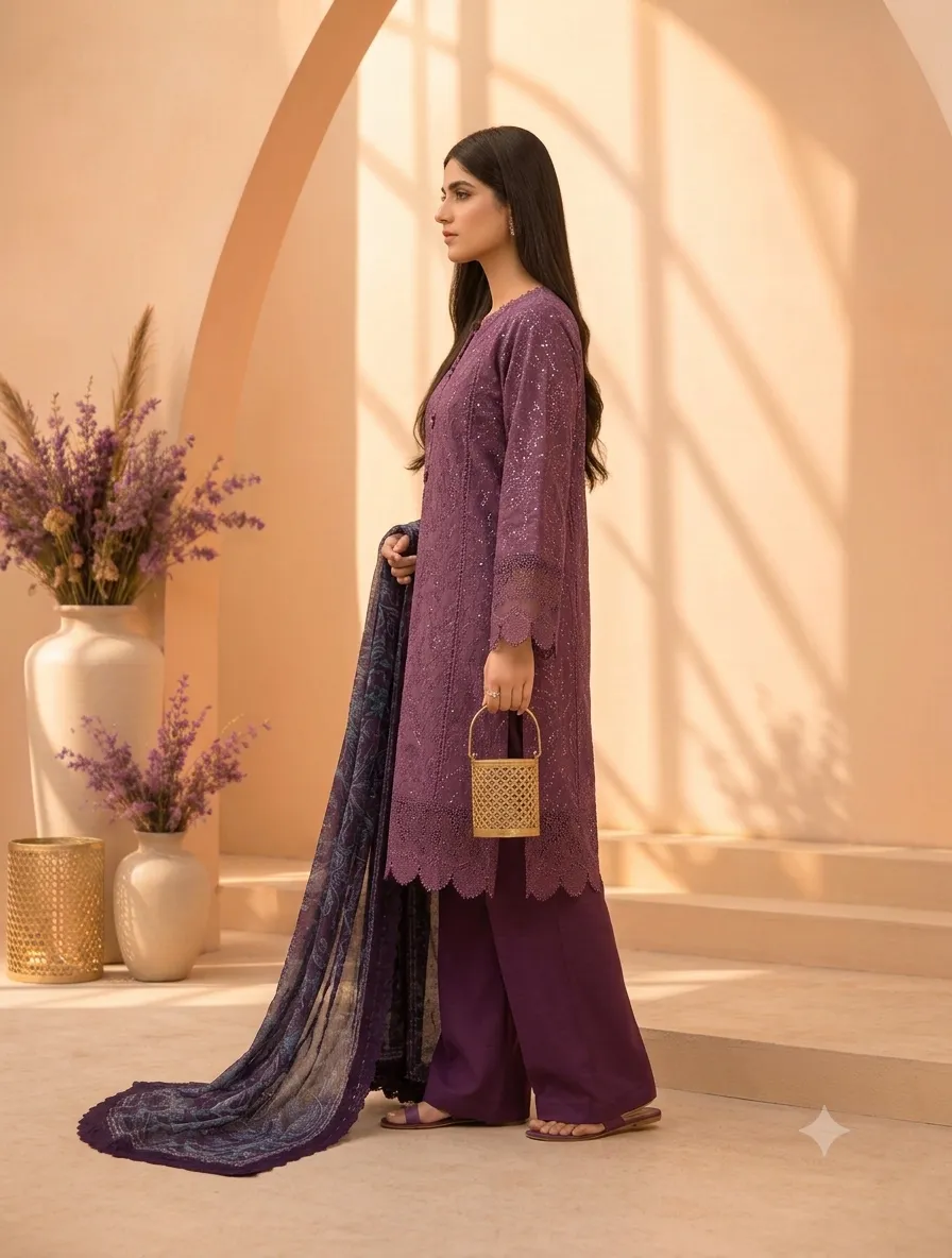 3-Piece Mausummery Embroidered Lawn Suit Amethyst - Image 3