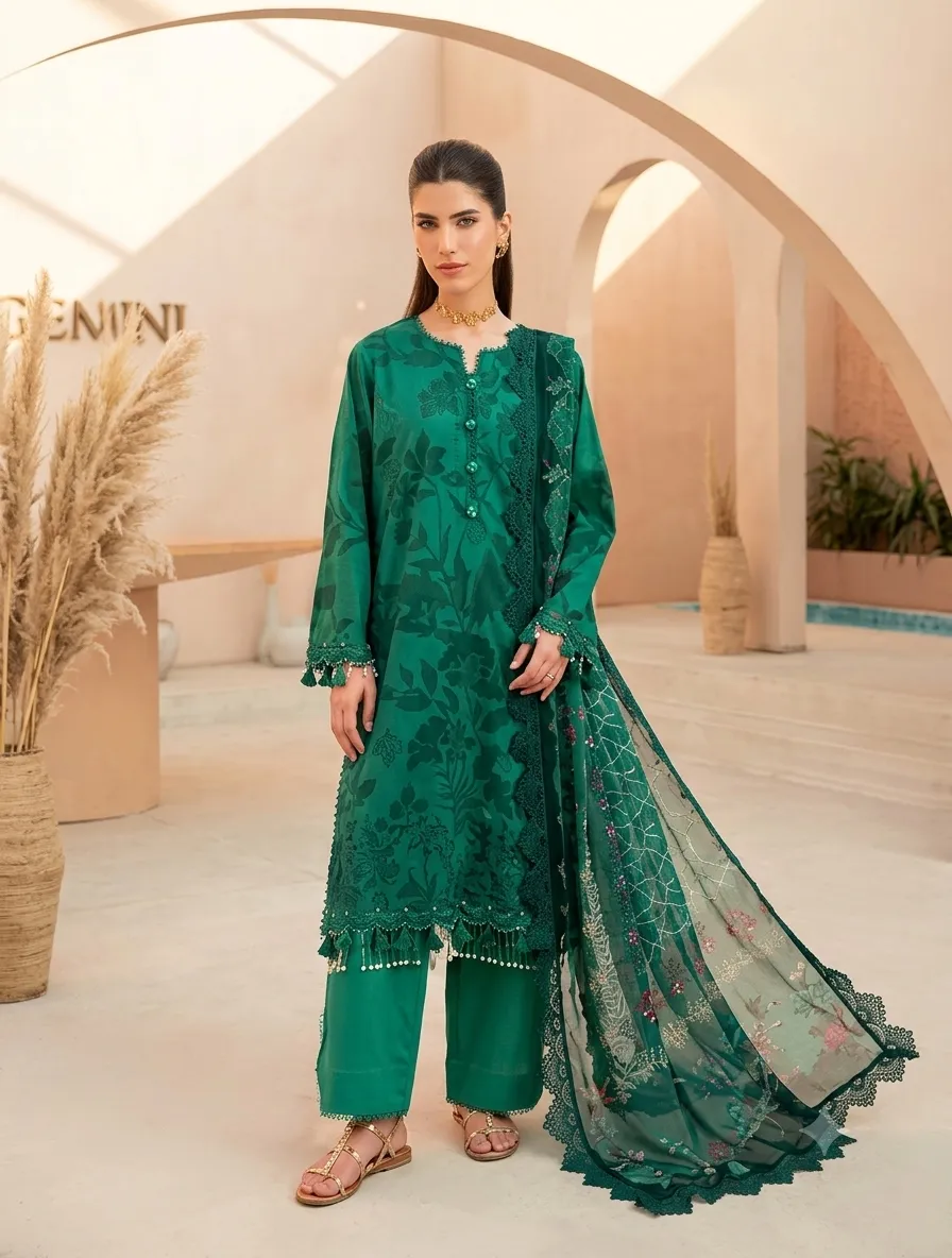 3-Piece Mausummery Embroidered Lawn Suit Emerald