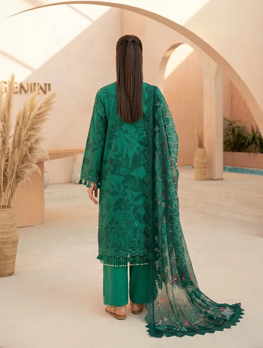 3-Piece Mausummery Embroidered Lawn Suit Emerald - Image 2