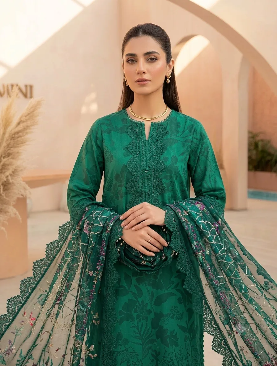 3-Piece Mausummery Embroidered Lawn Suit Emerald - Image 3