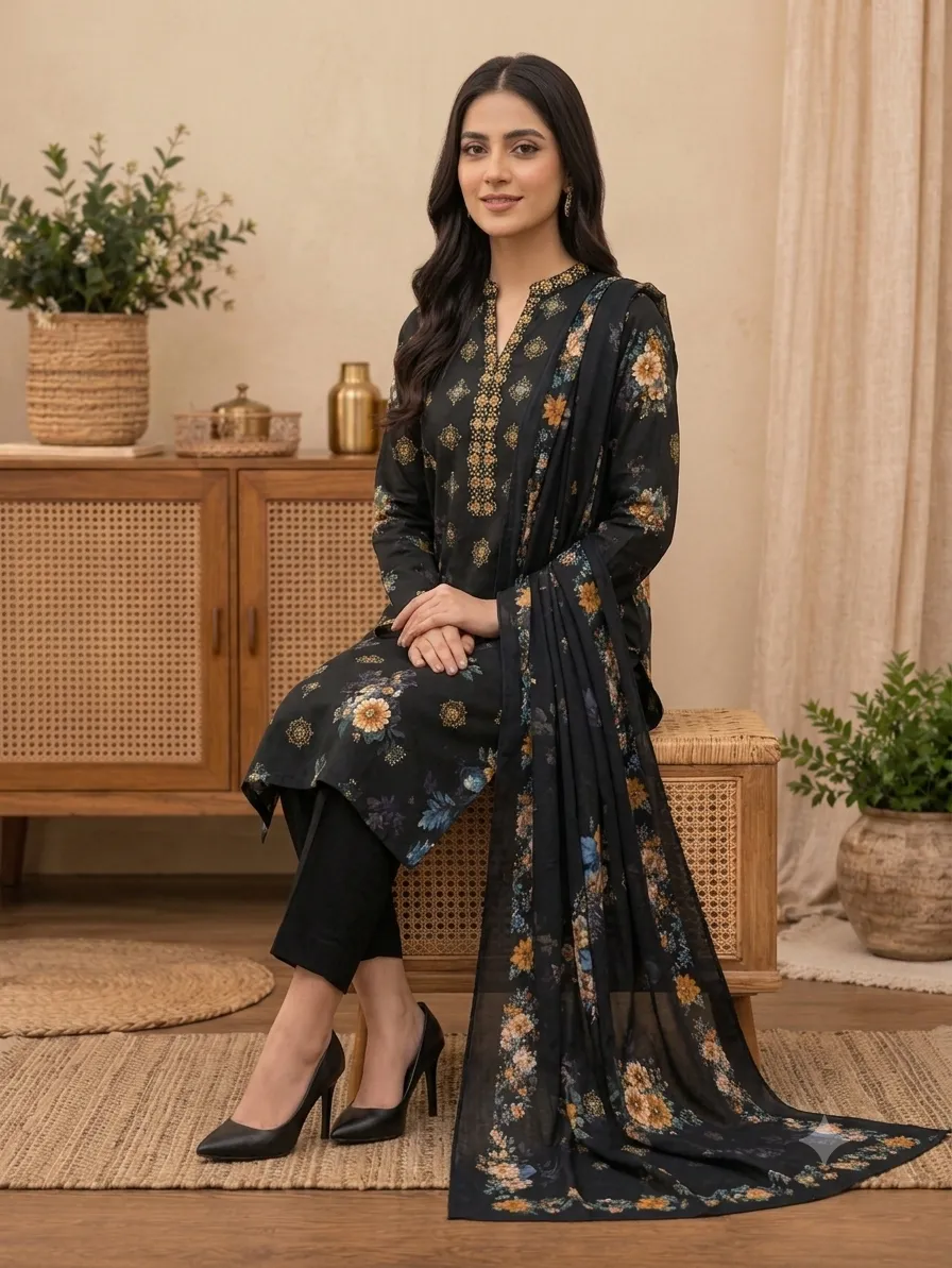 3-Piece AlKaram Printed Lawn Suit Black - Image 2