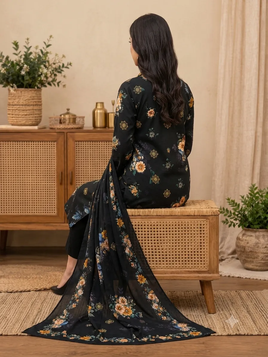 3-Piece AlKaram Printed Lawn Suit Black - Image 4
