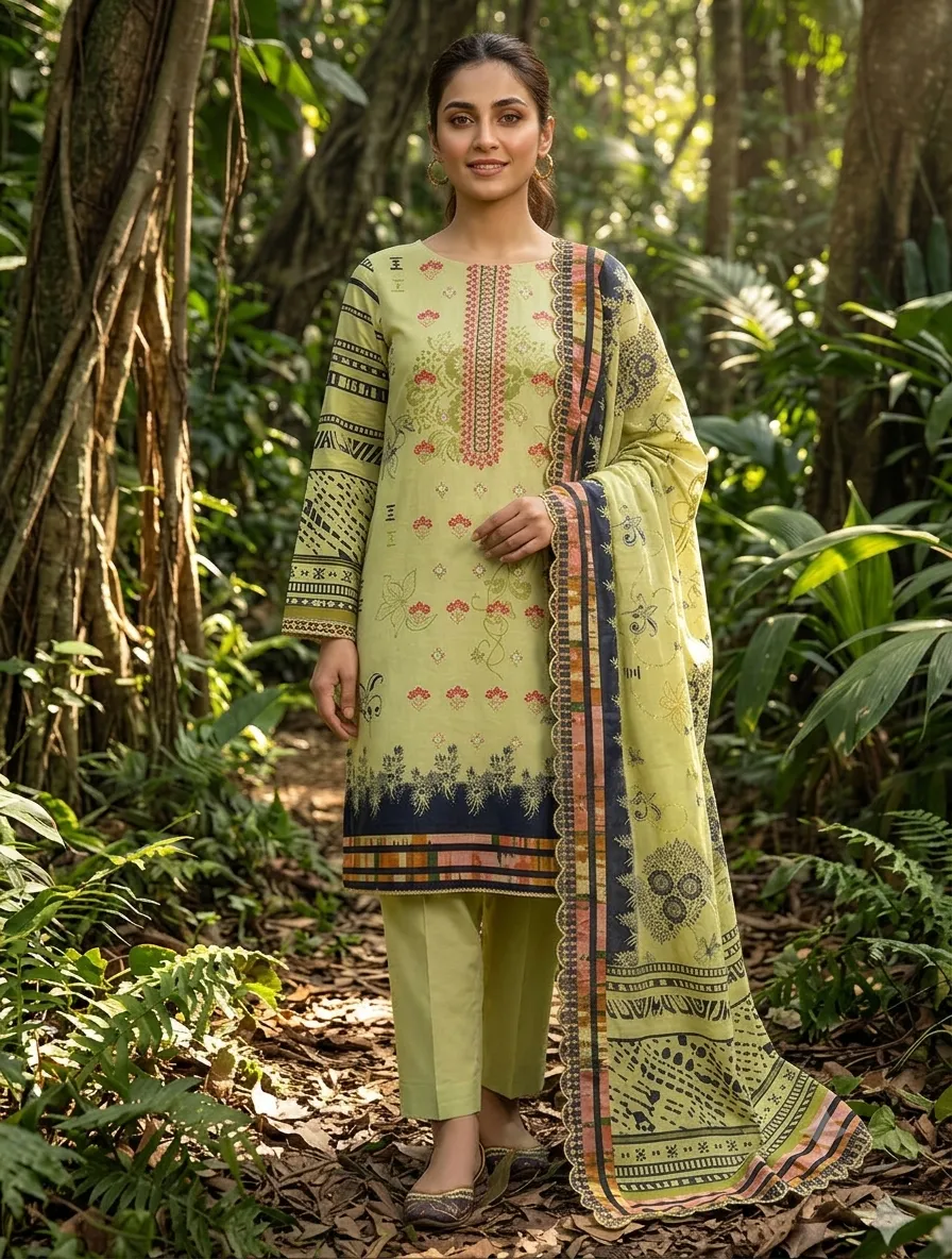 3-Piece Bin Saeed Embroidered Lawn Suit Lime Green