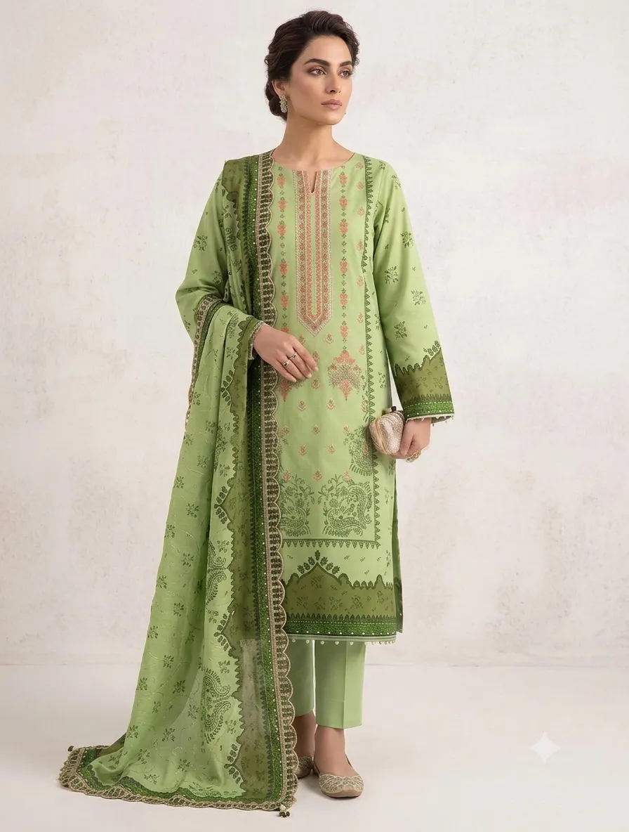 3-Piece Bin Saeed Embroidered Lawn Suit Sage Green
