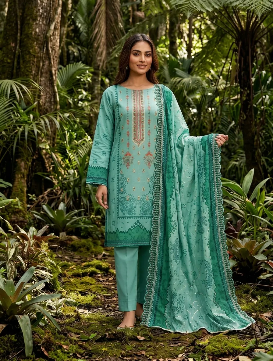 3-Piece Bin Saeed Embroidered Lawn Suit Turquoise