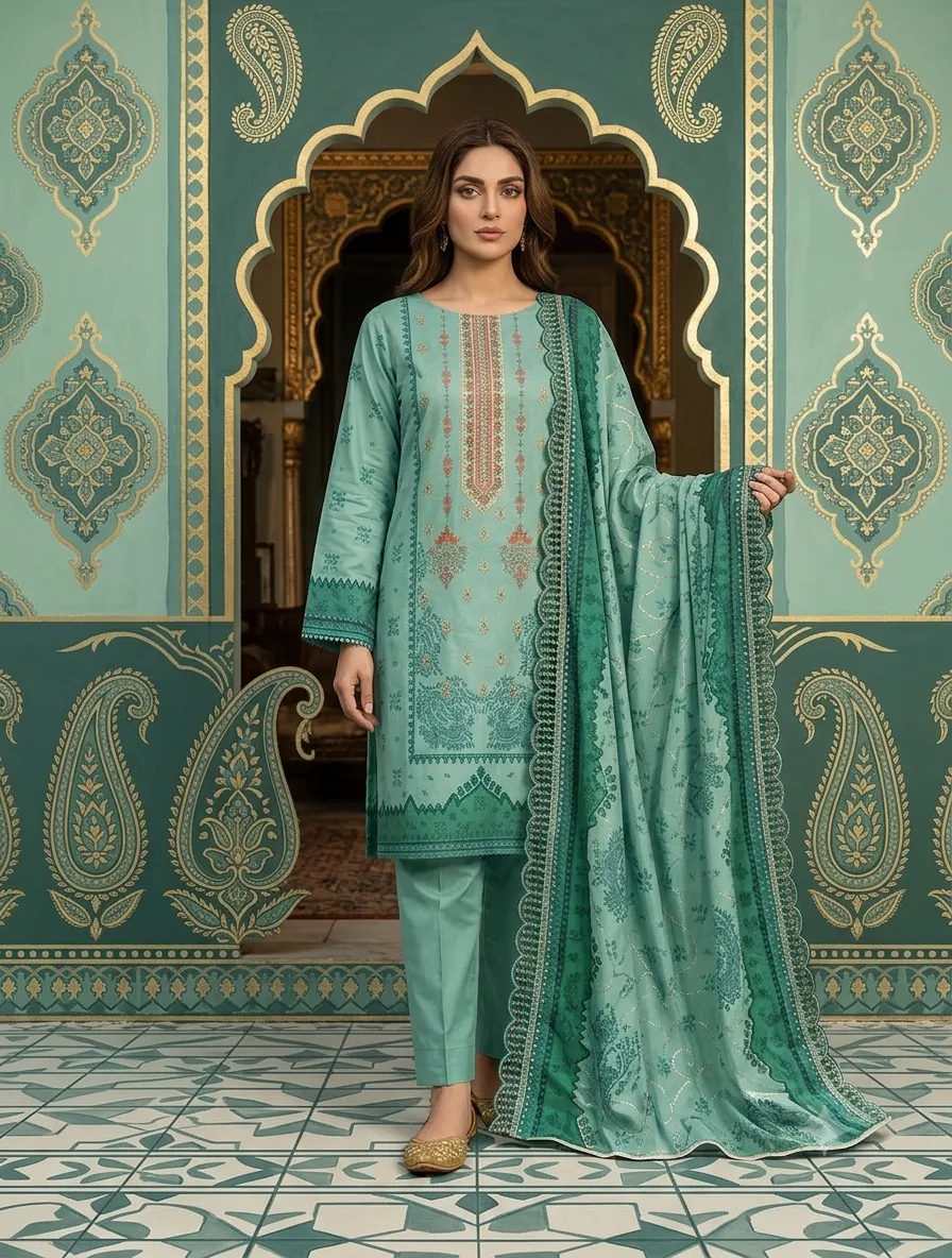 3-Piece Bin Saeed Embroidered Lawn Suit Turquoise - Image 3