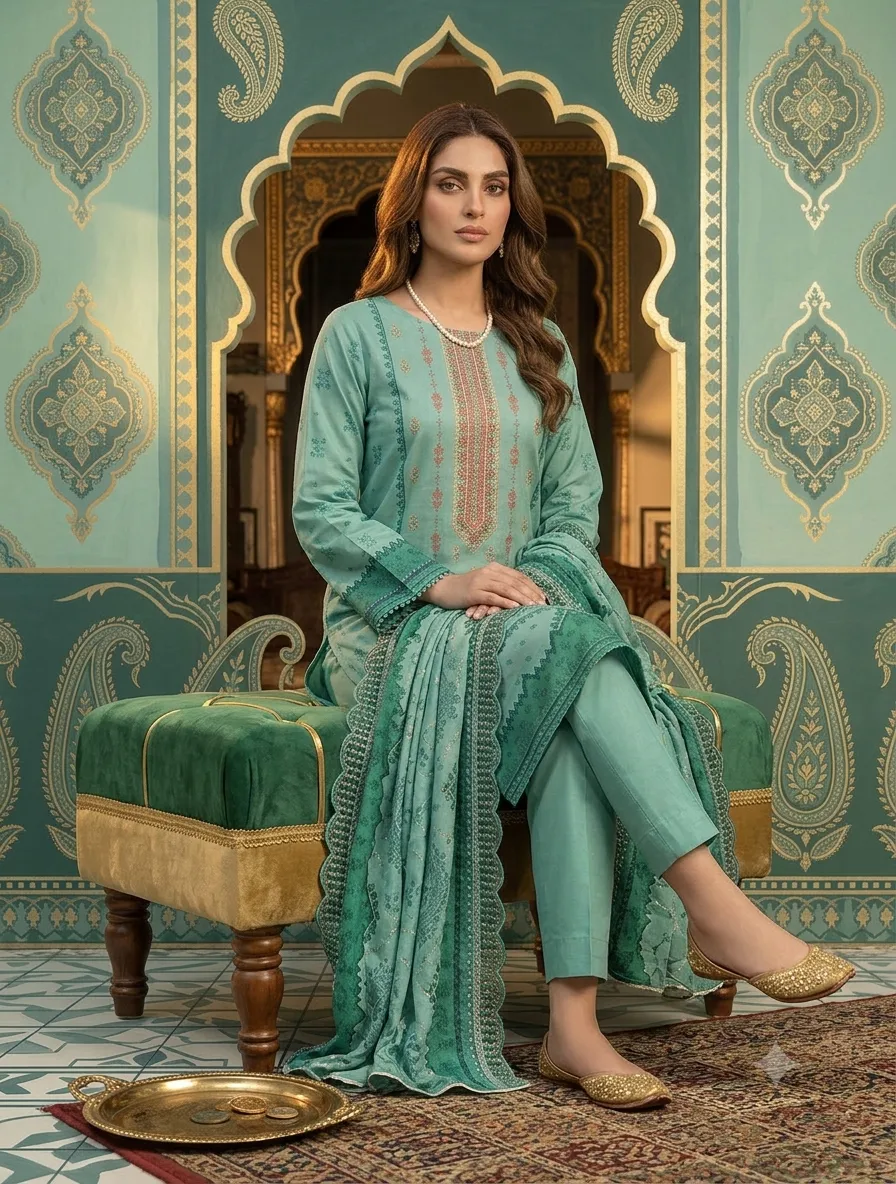 3-Piece Bin Saeed Embroidered Lawn Suit Turquoise - Image 4
