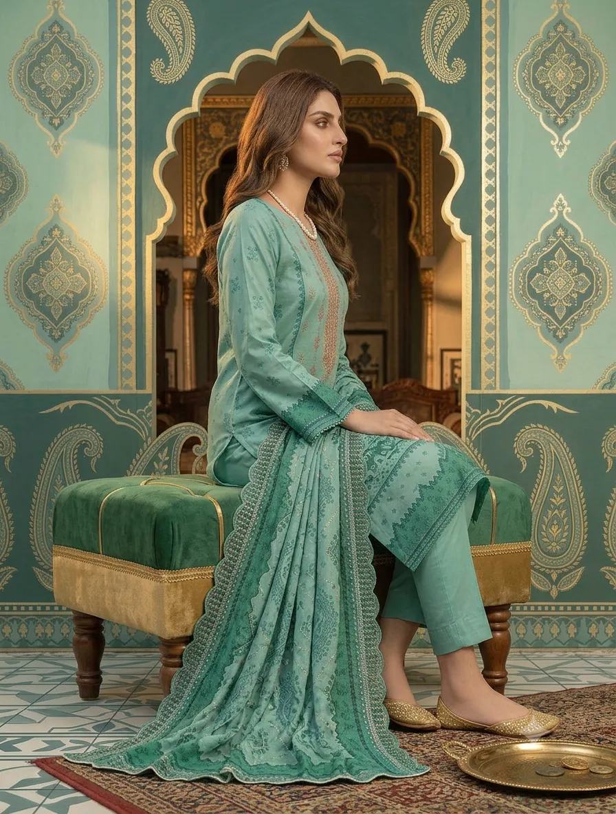 3-Piece Bin Saeed Embroidered Lawn Suit Turquoise - Image 2