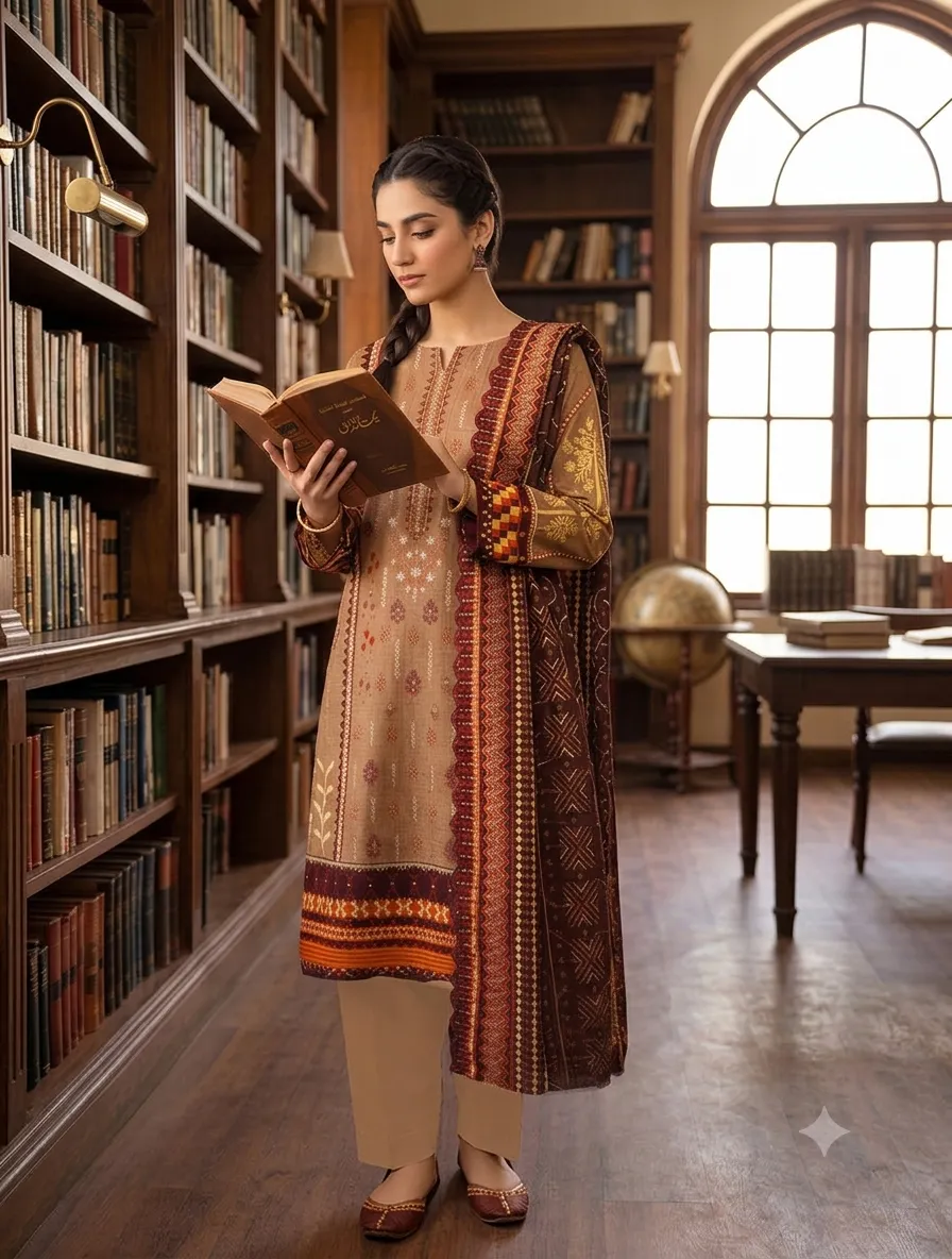 3-Piece Bin Saeed Embroidered Lawn Suit Warm Beige