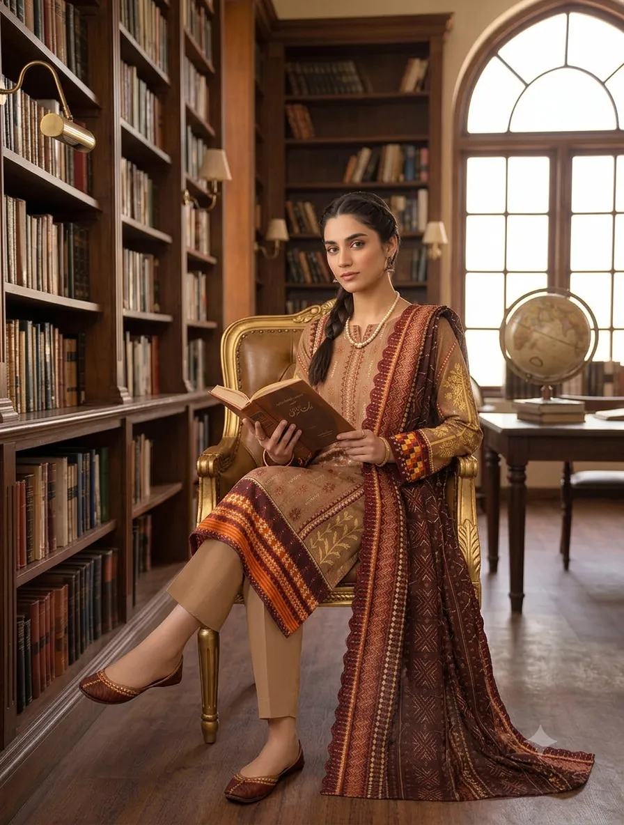 3-Piece Bin Saeed Embroidered Lawn Suit Warm Beige - Image 2