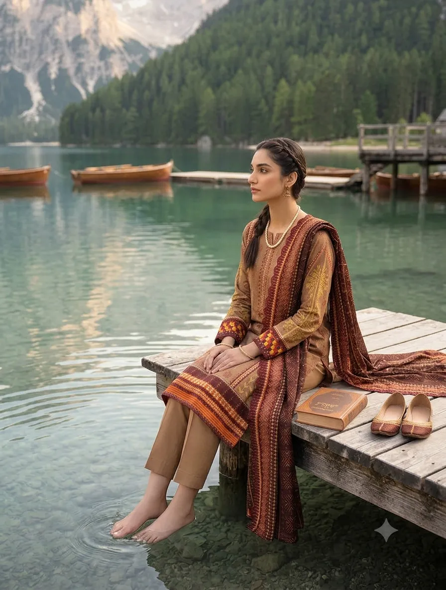 3-Piece Bin Saeed Embroidered Lawn Suit Warm Beige - Image 3
