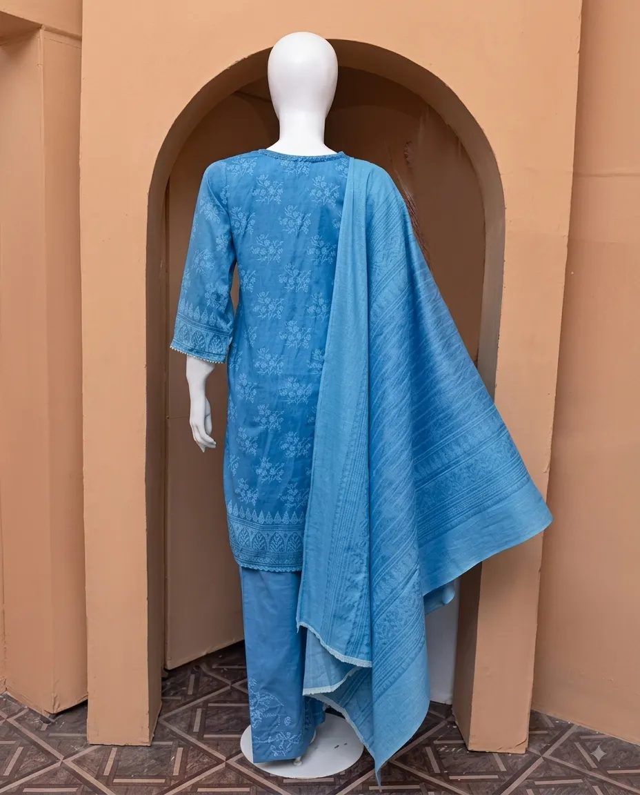 3-Piece Noore Azal Embroidered Cotton Suit Sky Blue - Image 3