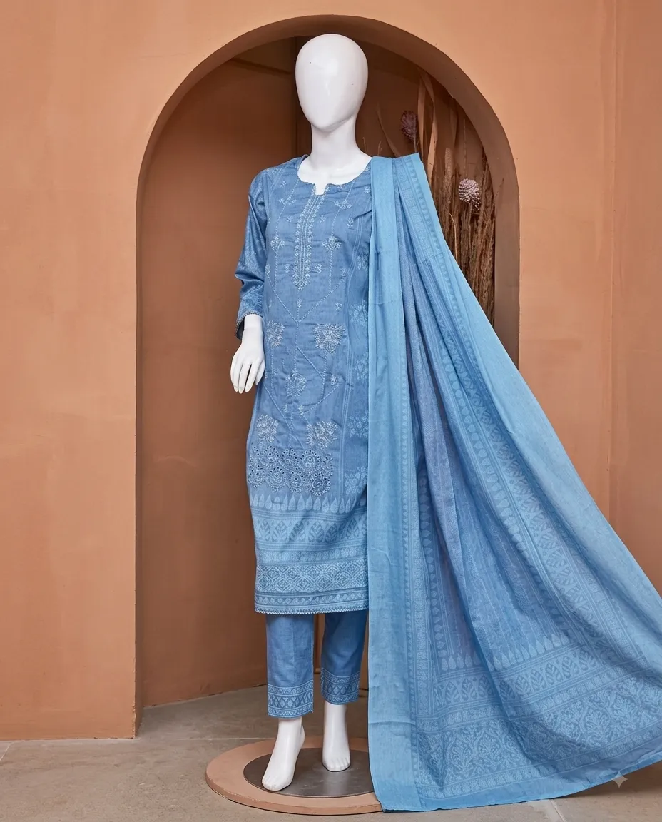 3-Piece Noore Azal Embroidered Cotton Suit Sky Blue - Image 2