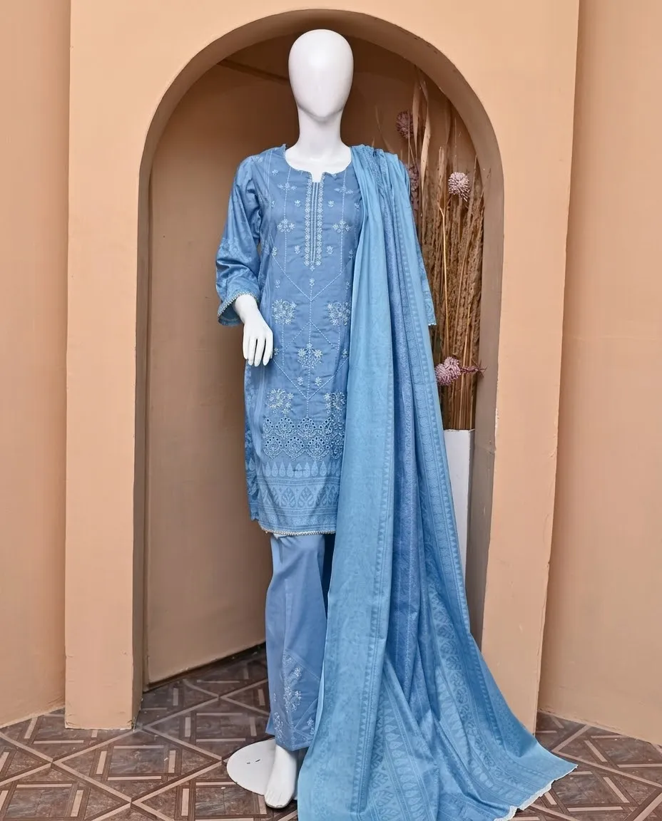 3-Piece Noore Azal Embroidered Cotton Suit Sky Blue