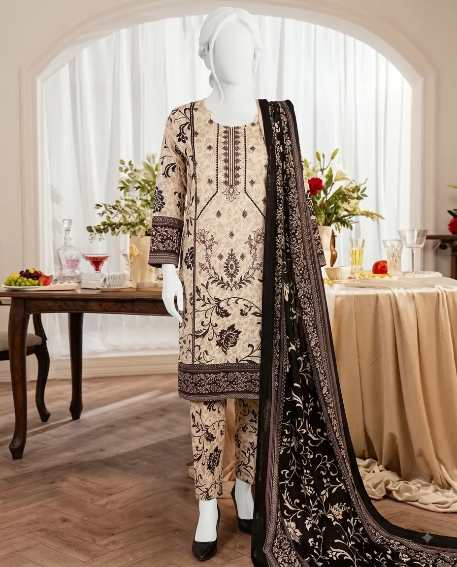 3-Piece Noore Azal Embroidered Cotton Suit Beige