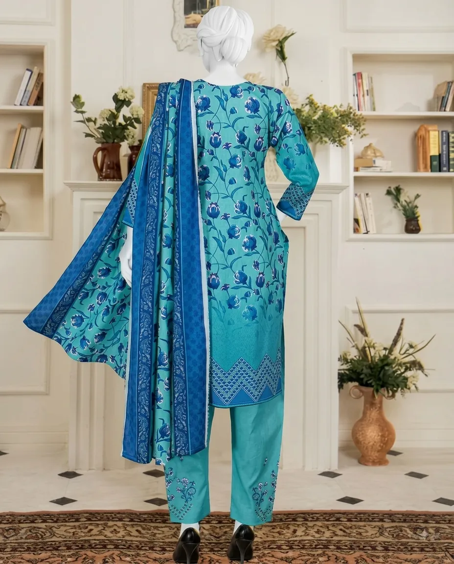 3-Piece Noore Azal Embroidered Cotton Suit Turquoise Blue - Image 2